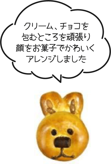 クリーム、チョコをを包むところを頑張り顔をお菓子でかわいくアレンジしました